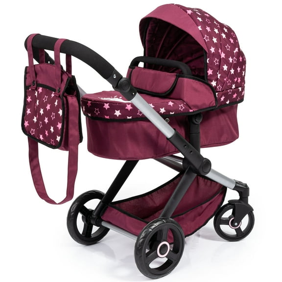 Doll Pram Xeo W/ Shoulder Bag, Burgundy, White Stars, Unicorn