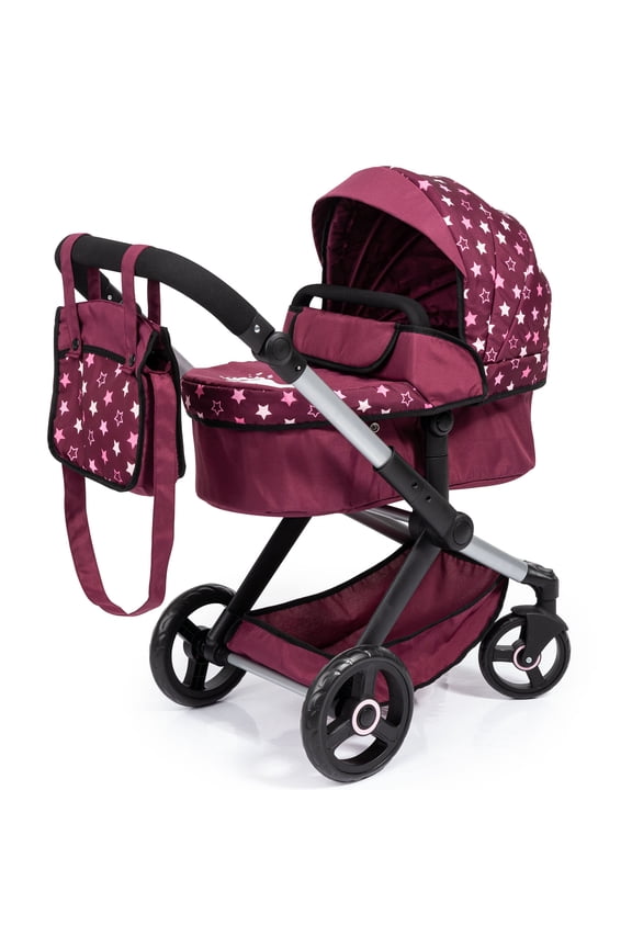 Doll Pram Xeo W/ Shoulder Bag, Burgundy, White Stars, Unicorn