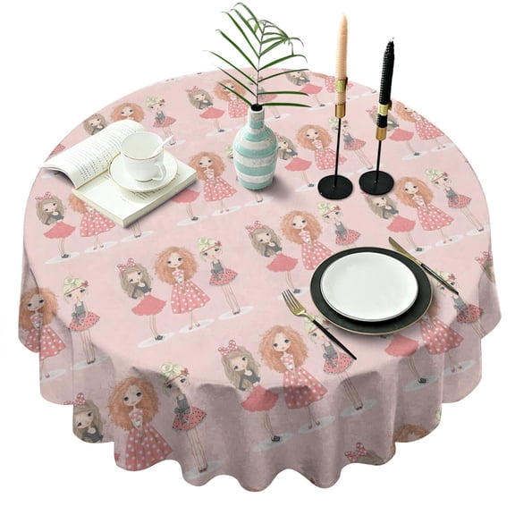 Doll Princess Pattern Round Tablecloth 60"x60",Wrinkle Wipeable Table Cloth for Kitchen Dining Room Picnic Patio Party