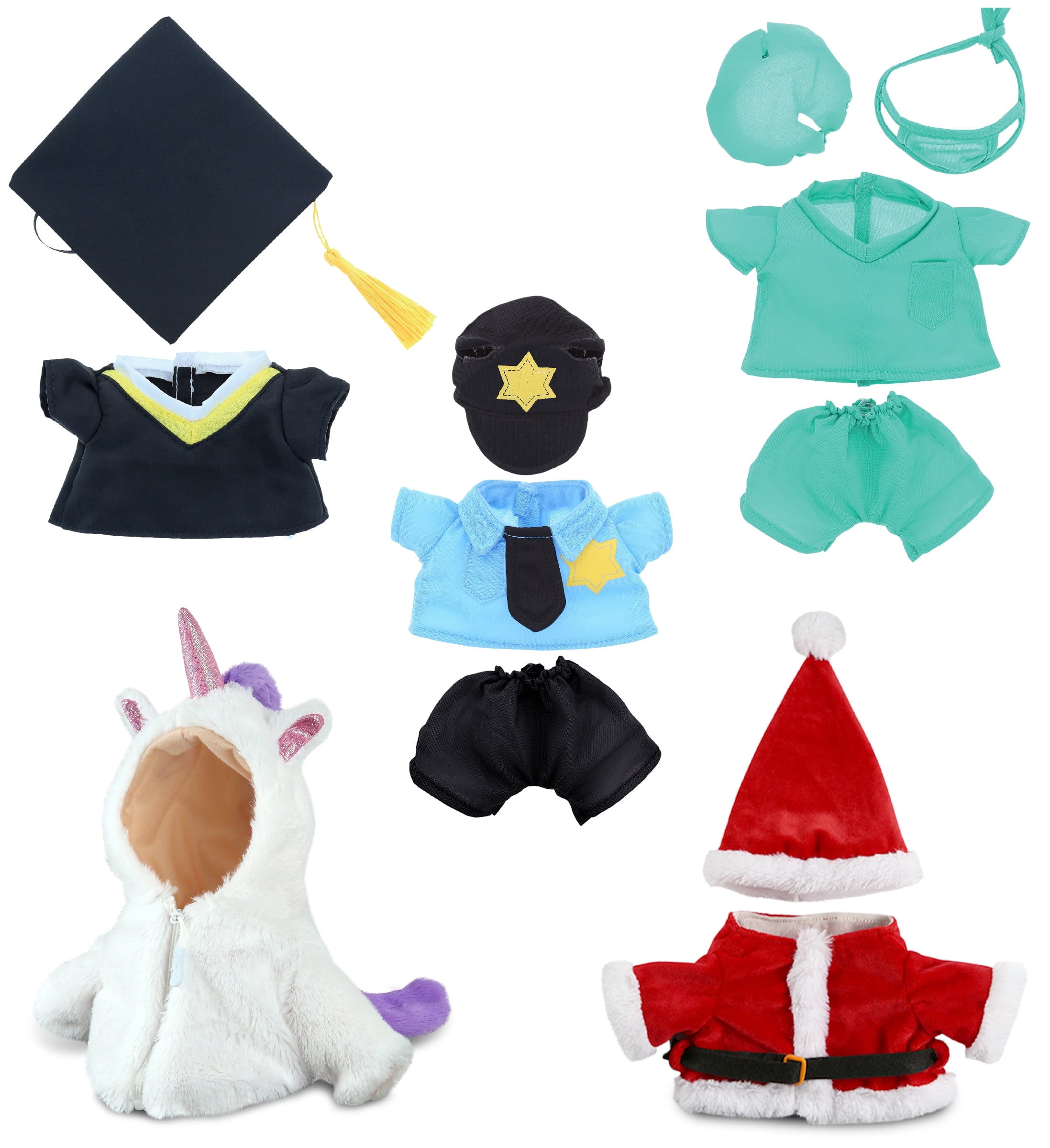 DollIiBu Small Stuffed Animal Teddy Bear Clothes Set - Collection of Teddy Bear Clothing for Unicorn, Police Officer, Santa Dress, Graduation Gown, and Doctor Scrub Costume - 5 Outfits