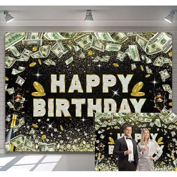 Dollar Bill Black Gold Birthday Backdrop Diamond Champagne Background Money Casino 16th 18th Boy Girl Party Photo Booth Supplies