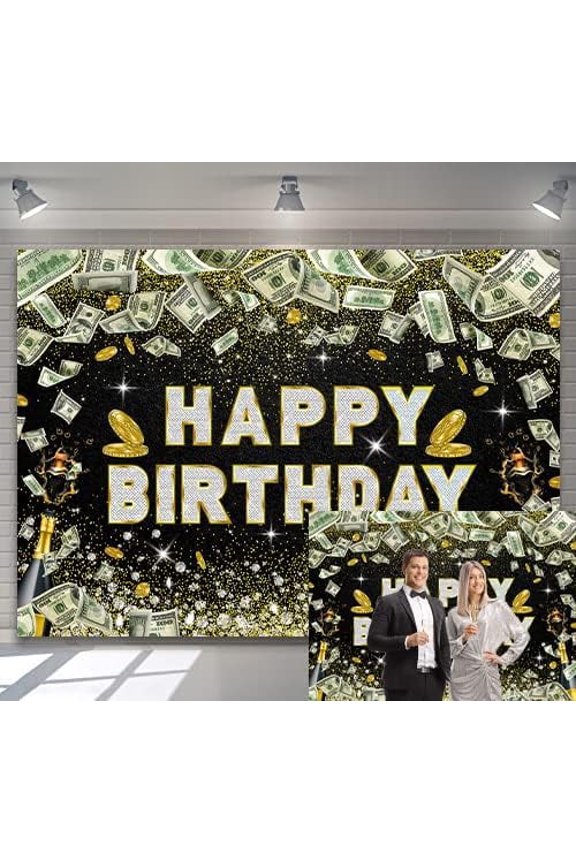 Dollar Bill Black Gold Birthday Backdrop Diamond Champagne Background Money Casino 16th 18th Boy Girl Party Photo Booth Supplies