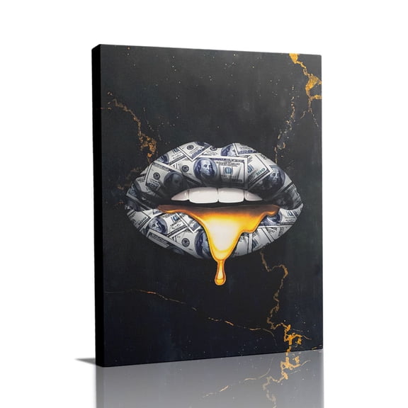 “Dollar Bill Lips with Dripping Gold (Bold Tone)” Edgy Canvas Wall Art Ready to Hang for Living Room and Bedroom