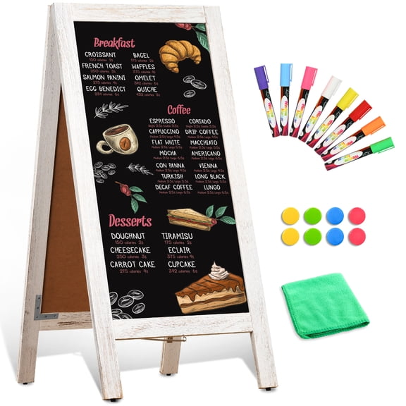 DOLLAR BOSS A-Frame Sign Chalkboard Sign, Two-Sided Outdoor Chalk Board Magnetic Menu Board Sandwich Board Black board with Wooden Frame Included 8 Count Liquid Chalk Markers 8 Magnets, White