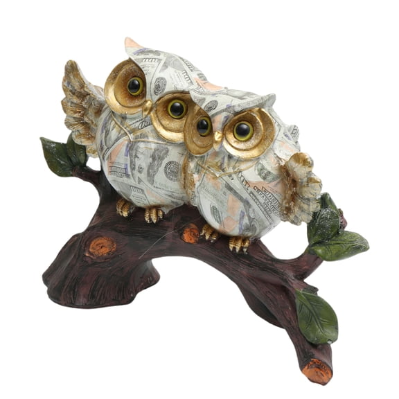 Dollar Print Owl Perching On Tree Branch Sculpture Figurine Water Transfer Handmade Resins Desktop Ornament Home Decors