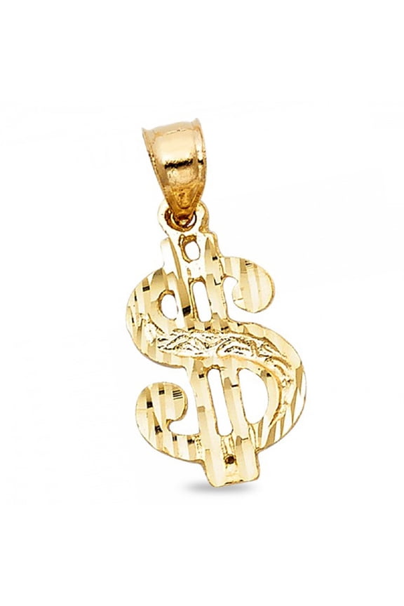 Dollar Sign Charm Solid 14k Yellow Gold Mens Hip Hop Style Pendant Genuine Diamond Cut Design Polished Style 17 mm x 12 mm