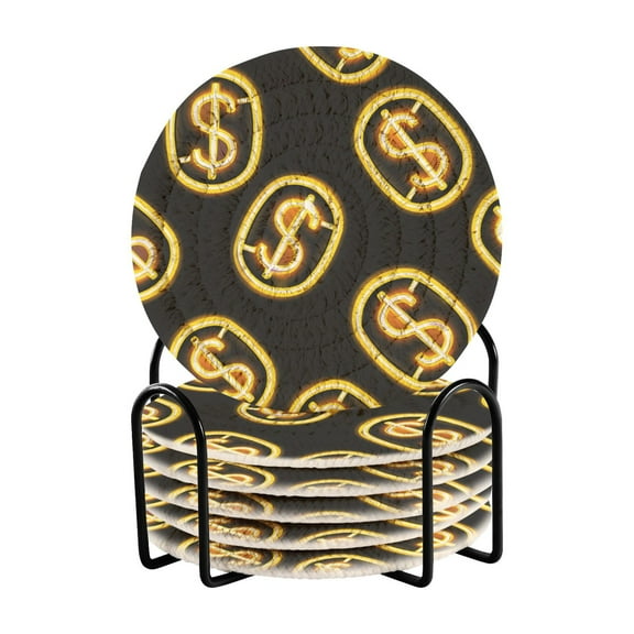 Dollar Sign Coasters with Holder for Coffee Table 6 Pcs Drink Coaster Sets Absorbent for Home Decor 4 inch
