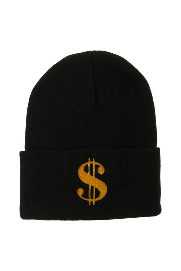 Dollar Sign Embroidered Long Knitted Beanie - Black OSFM