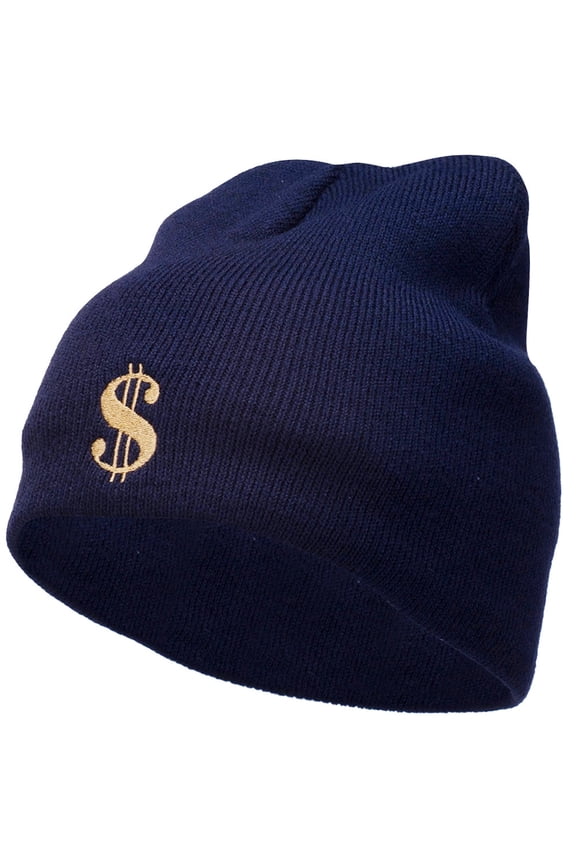 Dollar Sign Logo Embroidered Short Beanie - Navy OSFM