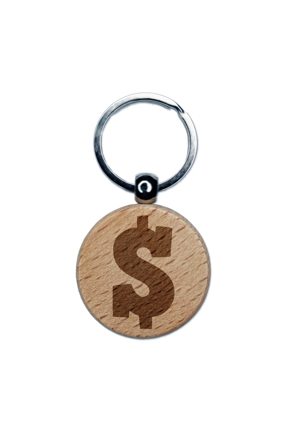 Dollar Sign Money Symbol Round Keychain Charm Tag - Engraved Wood