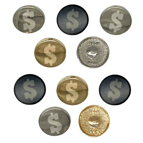 Dollar Sign Money Symbol Set of 10 Metal 0.6" (15mm) Sewing Shank Round Buttons - Silver Color