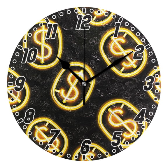 Dollar Sign Round Wall Clock Battery Operated Silent Non-Ticking Bedroom Office Kitchen Home School Decor 10"(Black)