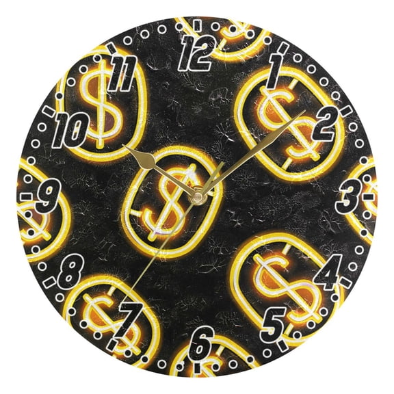 Dollar Sign Round Wall Clock Battery Operated Silent Non-Ticking Bedroom Office Kitchen Home School Decor 10"(Gold)