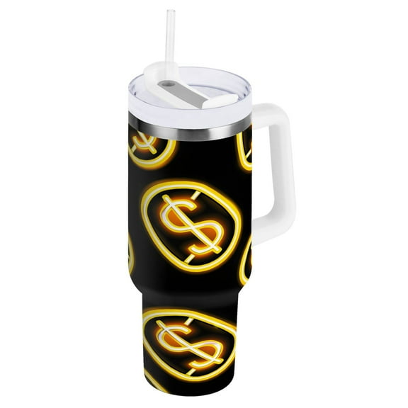 Dollar Sign Tumbler with Handle and Straw Lid 40 oz Insulated Vacuum Water Bottle Stainless Steel Travel Cup