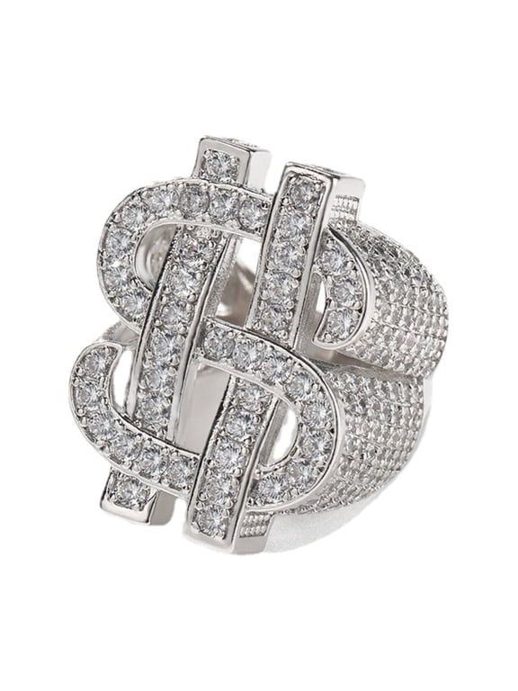 Dollar Symbol Rings for Men Luxury Shiny Rings Iced out Big Hip Hop Cubic Zirconia Men Rings