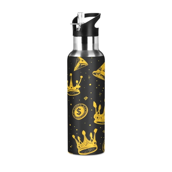 Water Bottles 20oz Straw Lid Wide Mouth Stainless Steel for School Sport Travel Dollars Coin Crown