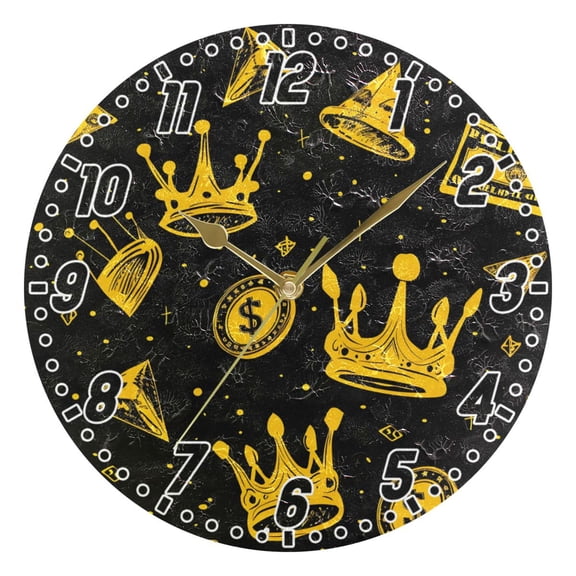 Dollars Coin Crown Round Wall Clock Battery Operated Silent Non-Ticking Bedroom Office Kitchen Home School Decor 10"(Gold)