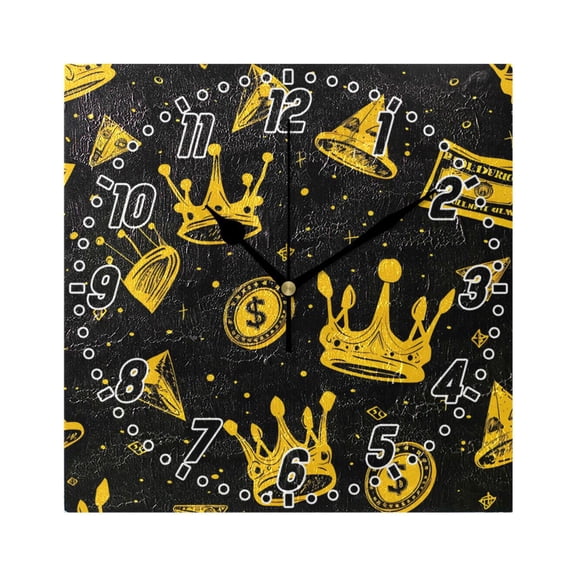 Dollars Coin Crown Wall Clock Battery Operated Silent Non-Ticking Bedroom Office Kitchen Home School Decor 7.8"(Black)