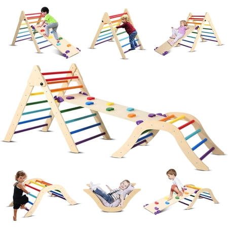 Dollate Pikler Triangle Set Rainbow Pikler Climbing Set, Montessori Foldable Climber with Cushions, Tripods, Ramps, Arches, Climbing Jungle Gym/Indoor Playground Climbing Toys for Toddlers 1-3Inside