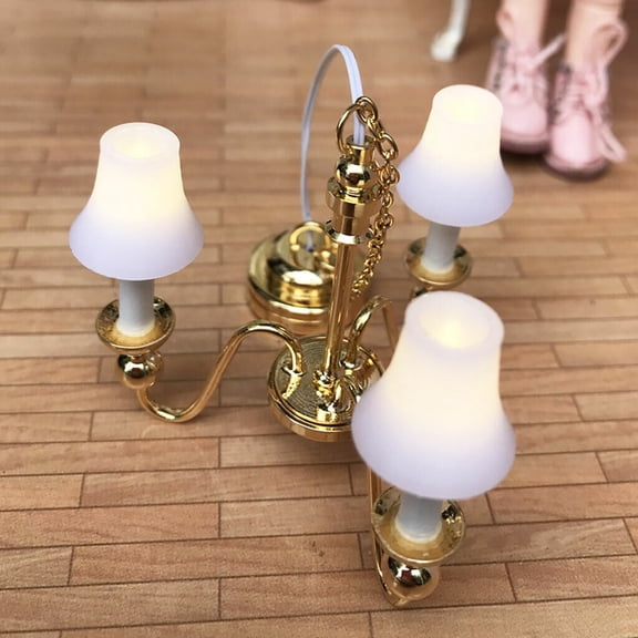 Dollhouse 1/12 Mini LED Battery Operated Light Ceiling Lamp Chandelier 3-Heads