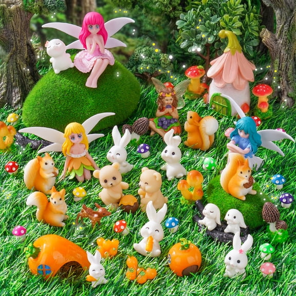 50-Piece Mini Fairy Garden Accessories Kit, Resin Fairy House (3.1" H) with 49 Miniature Figurines - Animals, Mushrooms and Fairies for DIY Terrarium, Planter, Flower Pot and Desktop Decor