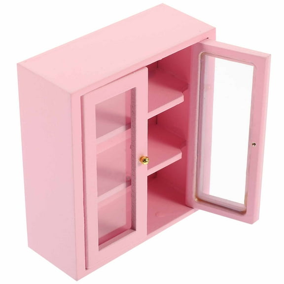 OUNONA Pink Miniature Furniture for Dollhouse Decor Exquisitely Crafted Wood Mini House Kitchen Cabinet 1/12 Scale