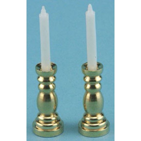 Dollhouse Brass Candlesticks & Candles 2Pc