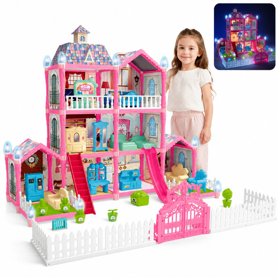 Lenbar Dollhouse Castle Villa Building Set with Colorful Lights, 10 Room Pretend Play House with 1 Doll and 1 Castle Roof, DIY Building Kit for Kids Ages 3+