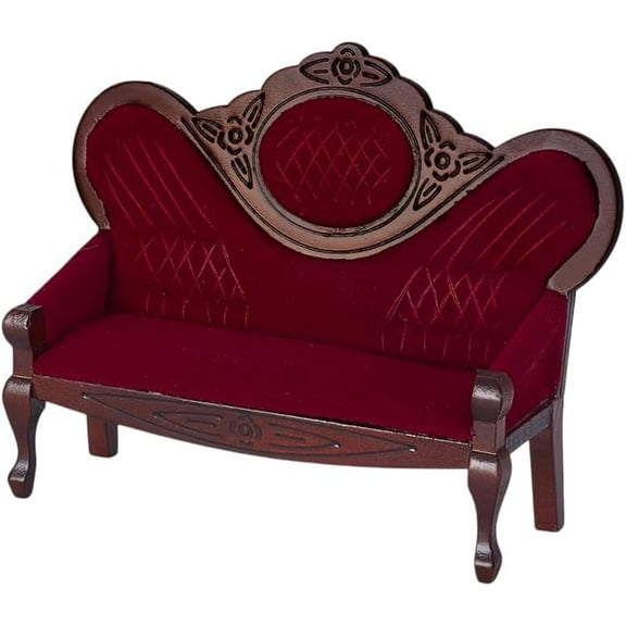 Dollhouse Furniture Miniature Accessories 1/12 Scale Mini House Vintage Red Wooden Carved Sofa Bench Armchairs for Dollhouse Living Room Scene Simulation Craft Decoration Party