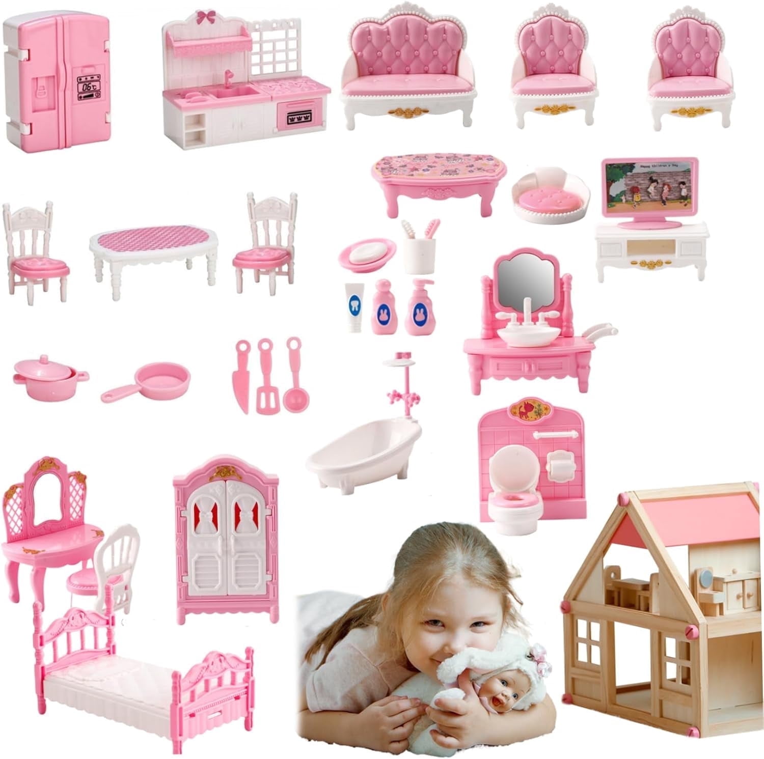 Dollhouse Furniture Set Accessories,Small Dollhouse Miniature Pretend Play Family Toys Gift,Toddler Boy Girl Kid 3Y+ Mini Bedroom/Livingroom/Bathroom/Kitchen