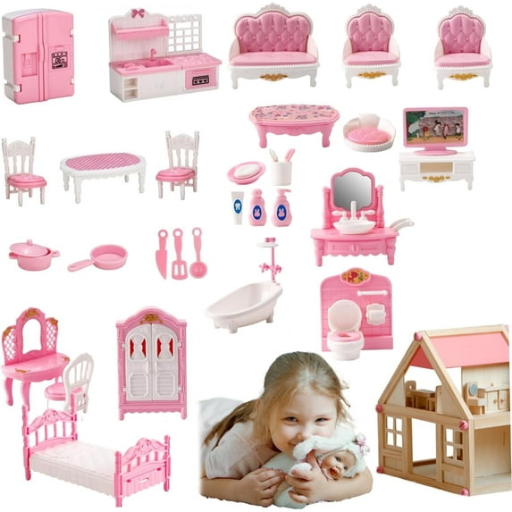 Dollhouse Furniture Set Accessories,Small Dollhouse Miniature Pretend Play Family Toys Gift,Toddler Boy Girl Kid 3Y+ Mini Bedroom/Livingroom/Bathroom/Kitchen
