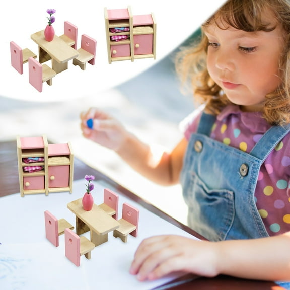 Dollhouse Furniture Set, Mini Wooden Dining Table And Chairs Toy, Pretend Play Furniture For Kids, Dollhouse Kitchen Bedroom Living Room Toy, Simulation Doll Furniture Set, Children Playhouse Toy