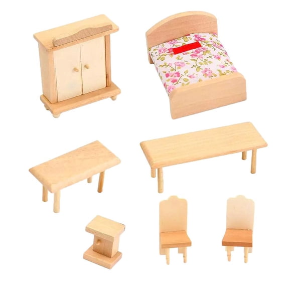 Dollhouse Furniture Set Model 4 Sets 1:12 Furnishings Dining Room Bedroom set