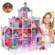 Dollhouse for Girl Kids, 285PCS 13 Rooms Doll House with light Strip&Furniture&Rotating Slidet, 24" x 24" x 25.6" Huge house, Creative Gift for Girls, Pink