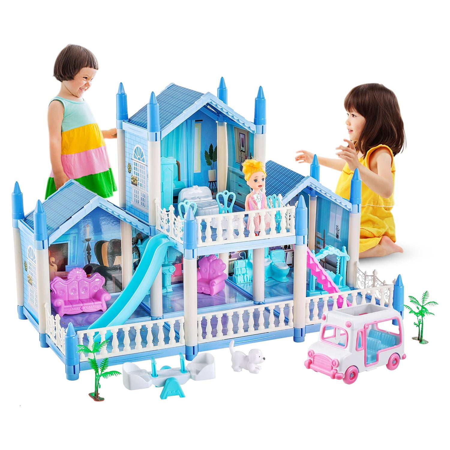 Dollhouse Dreamhouse Building Toy Set with 5 Lights,3 Dolls& 2 Pets  Princess Doll House and Furniture,Accessories,Stairway,Best STEM Pretend  Play Toys