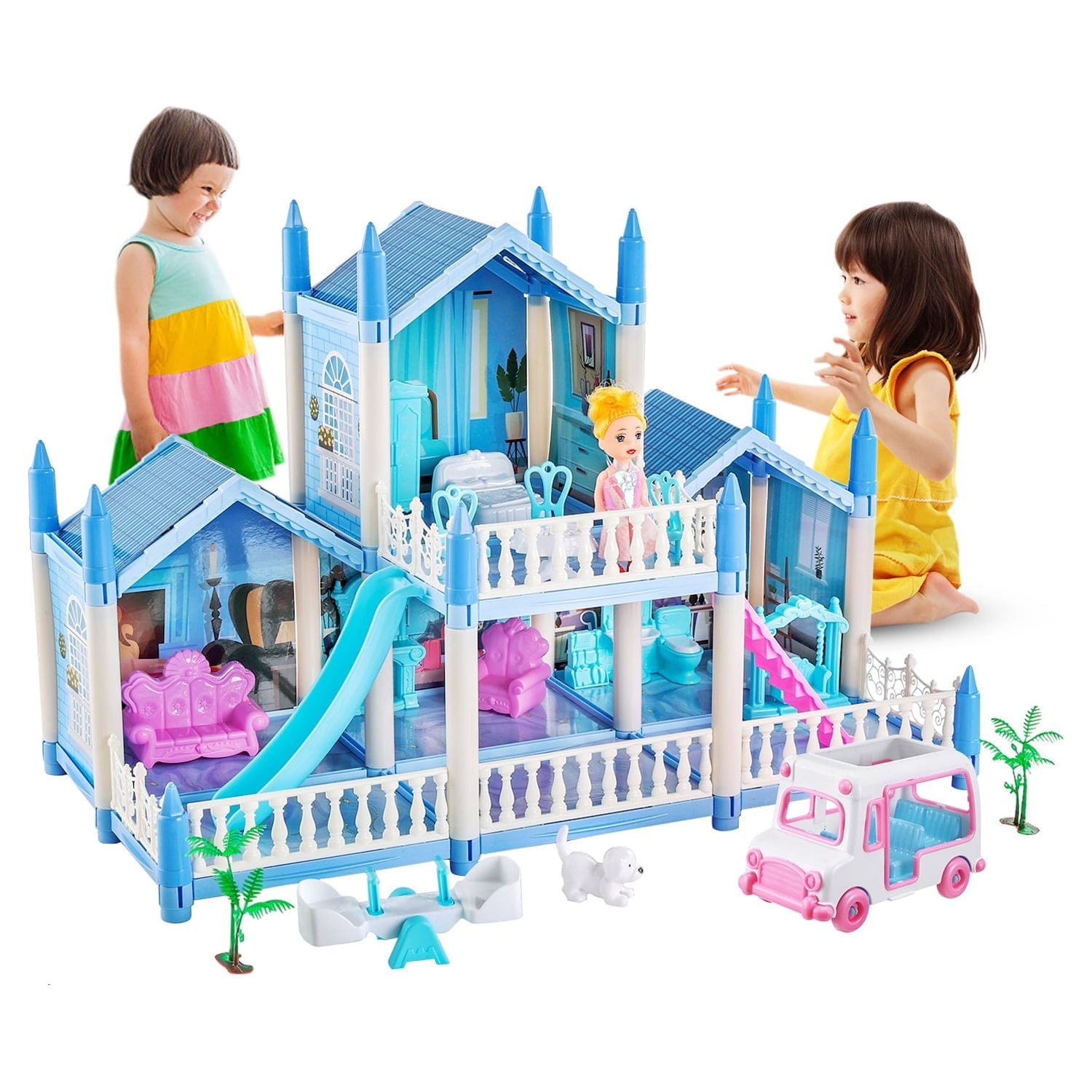 Dollhouse Girls Pretend Play Set, 5 Rooms Dollhouse with Doll Toy Figure, Furniture and Accessories, Play House Gift Toys for Kids Girls Ages 3 & Up