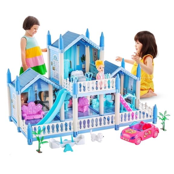 Dollhouse Girls Pretend Play Toy, 5 Rooms Dollhouse with Doll Toy Figure, Furniture and Accessories, Play Dollhouse Gift Toys for Kids Girls Ages 3 & Up, Blue