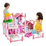 Dollhouse Girls Pretend Play Toy Set, 5 Rooms Dollhouse with Doll Toy Figure, Furniture and Accessories, Play Dollhouse Gift Toys for Kids Girls Ages 3 & Up, Pink