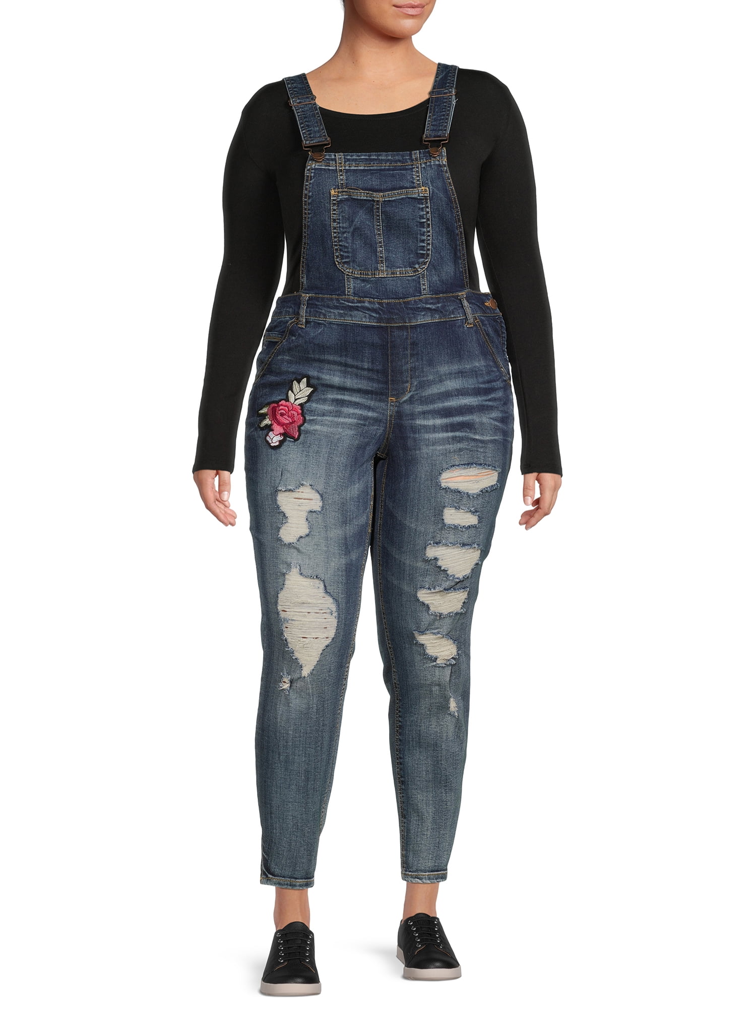 Dollhouse Junior s Plus Size Embroidered Rose Denim Overalls