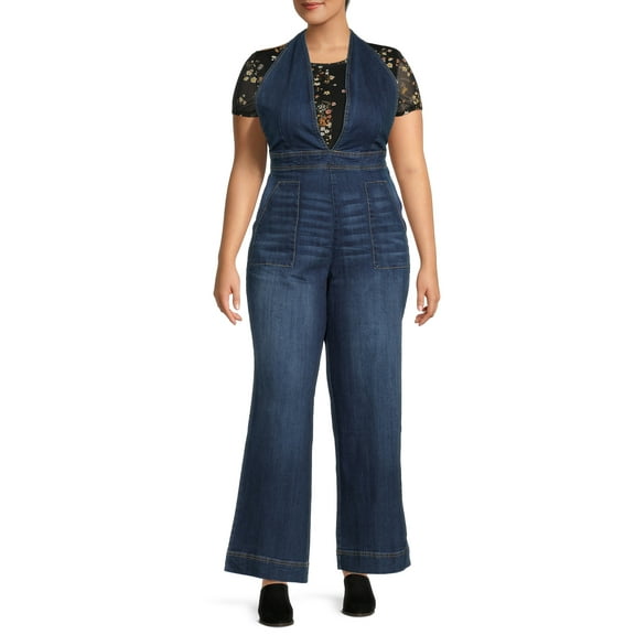Dollhouse Junior's Plus Size Plunging Neckline Denim Jumpsuit