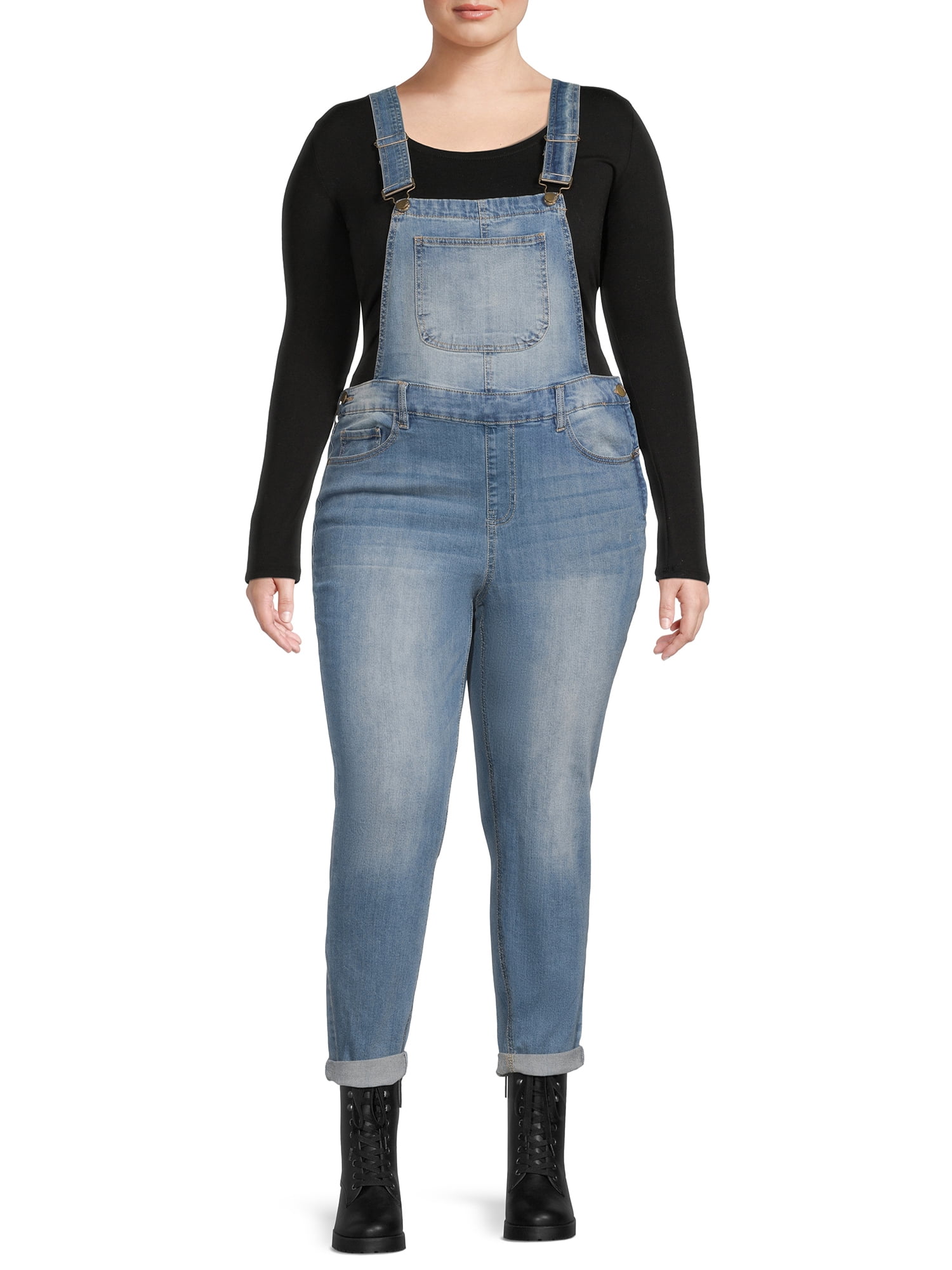 Dollhouse Junior's Plus Size Skinny Cuffed Denim Overalls