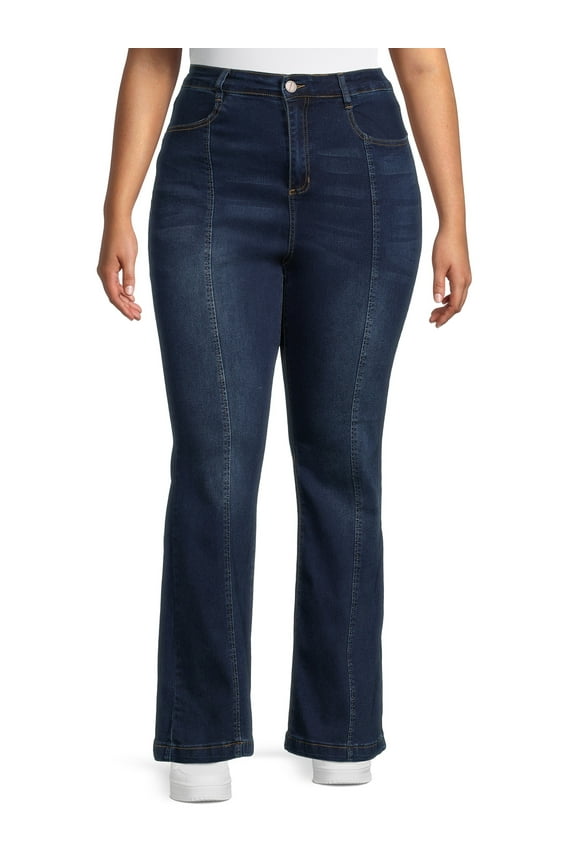 Junior's Young Adult Plus Mid- Leg Seam Detail Flare 1970's Style Fashion Jean