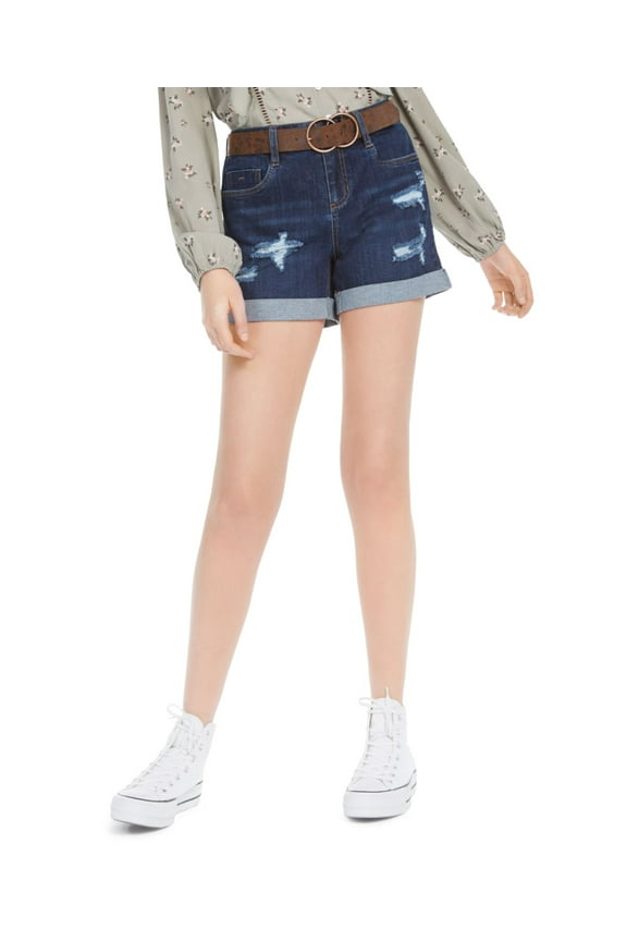 Juniors Belted Cuffed Denim Shorts,Blue,11