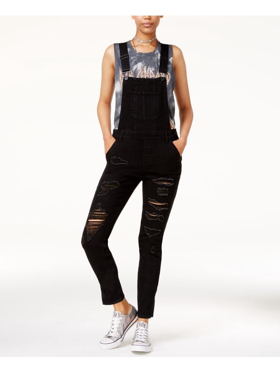 Juniors Ripped Split Leg Denim Overalls Black Wash 7