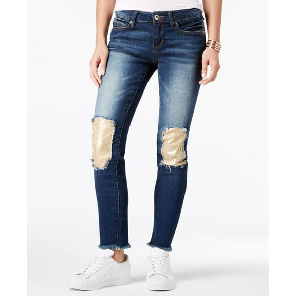 Dollhouse Juniors Sequin Patch Skinny Jeans Blue Suede 9