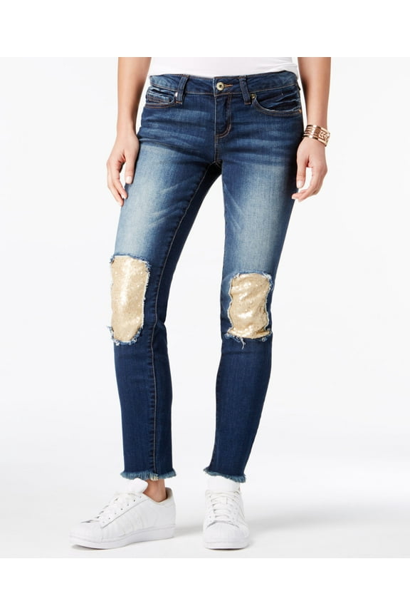 Juniors Sequin Patch Skinny Jeans Blue Suede 9