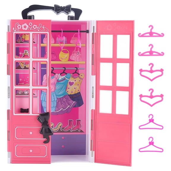 Dollhouse Miniature Cabinet Hot Pink Plastic Open Storage Wardrobe Modern Cabinet Organizer with 30pcs Hangers