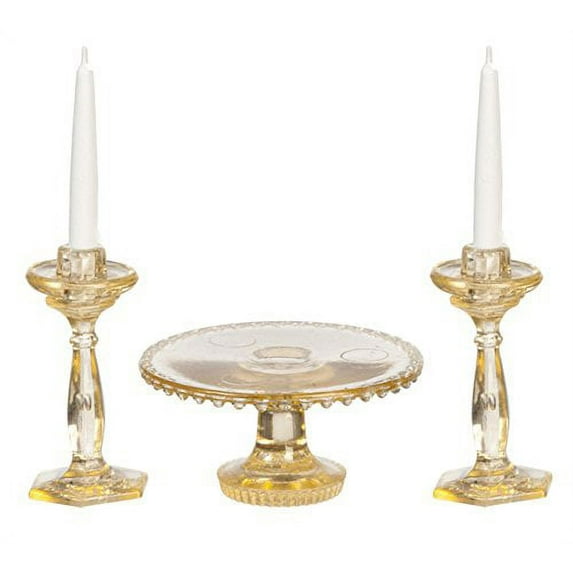 Dollhouse Miniature Chrysnbon Cake Plate with 2 Candlesticks in Amber