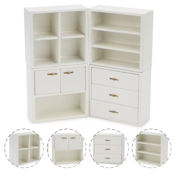 Dollhouse Miniature Furniture Set 4PCS Wooden Cabinet Cupboard 1:12 Dollhouse Various Styles DIY Freely Combinable Furniture Kit Kitchen Bedroom Living Room Display Ornaments (White)
