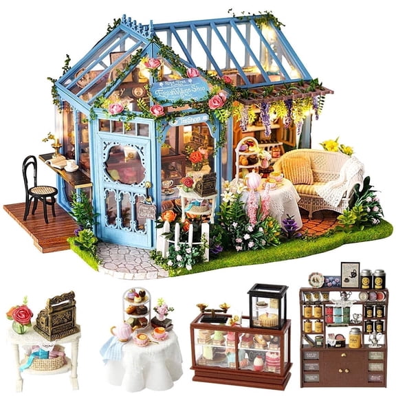 Sanie Dollhouse Miniature House with Furniture, DIY Dollhouse Kit with Dust Proof, Music Movement, 1:24 Scale Creative Room for Gift for Family (Rose Garden Tea House)
